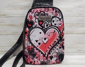 Graffiti Art Heart Sling Backpack: Handmade Faux Leather Crossbody Bag