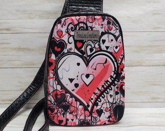 Graffiti Art Heart Sling Backpack: Handmade Faux Leather Crossbody Bag