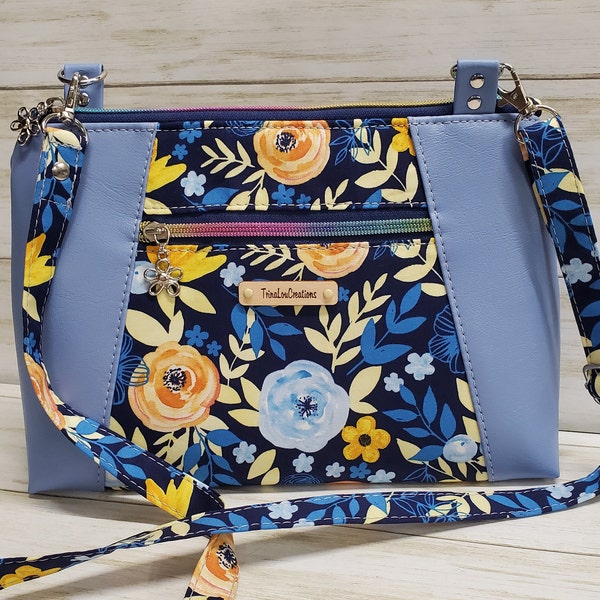 Blue Floral Sunshine Crossbody Bag, Medium Purse, Vinyl Handbag, Travel Purse, Over The Shoulder Bag, Compact Purse, Waterproof Canvas