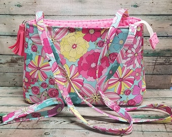 Floral Fabric Bag With Matching Wristlet Key Fob, Pink Floral Purse, Spring Shoulder Bag, Gifts For Her, Every Day Purse, Made In The USA