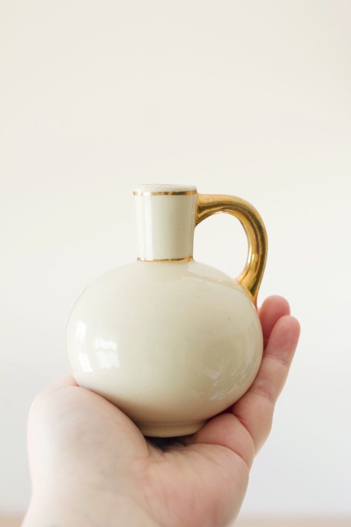 Small Vintage Cream Colored Vase w/ Floral Print and Gold Etsy