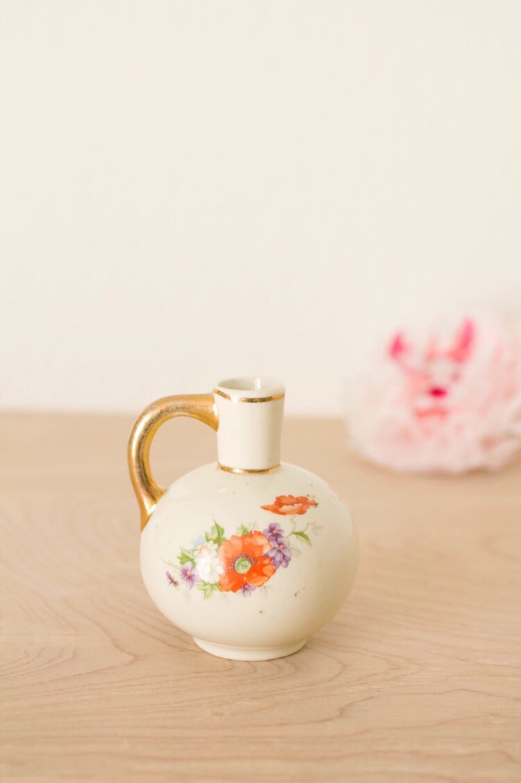 Small Vintage Cream Colored Vase w/ Floral Print and Gold Etsy