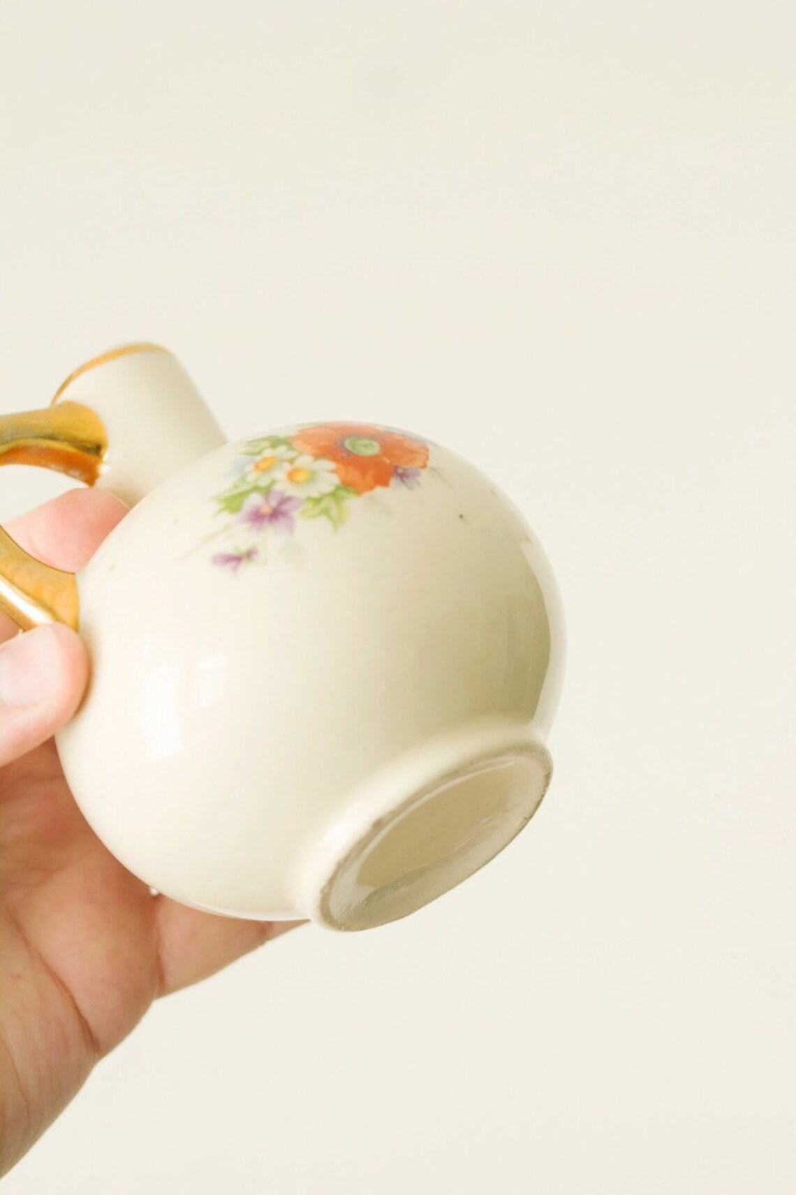 Small Vintage Cream Colored Vase w/ Floral Print and Gold Etsy