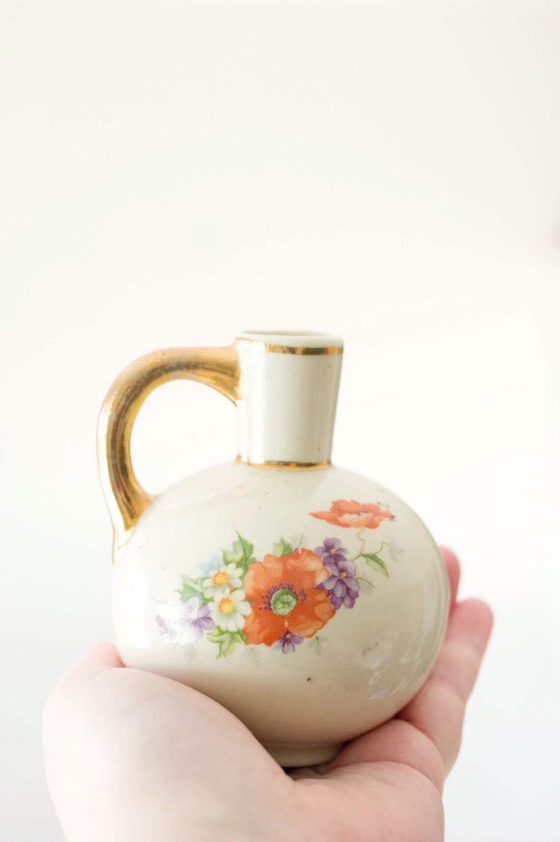 Small Vintage Cream Colored Vase w/ Floral Print and Gold Etsy