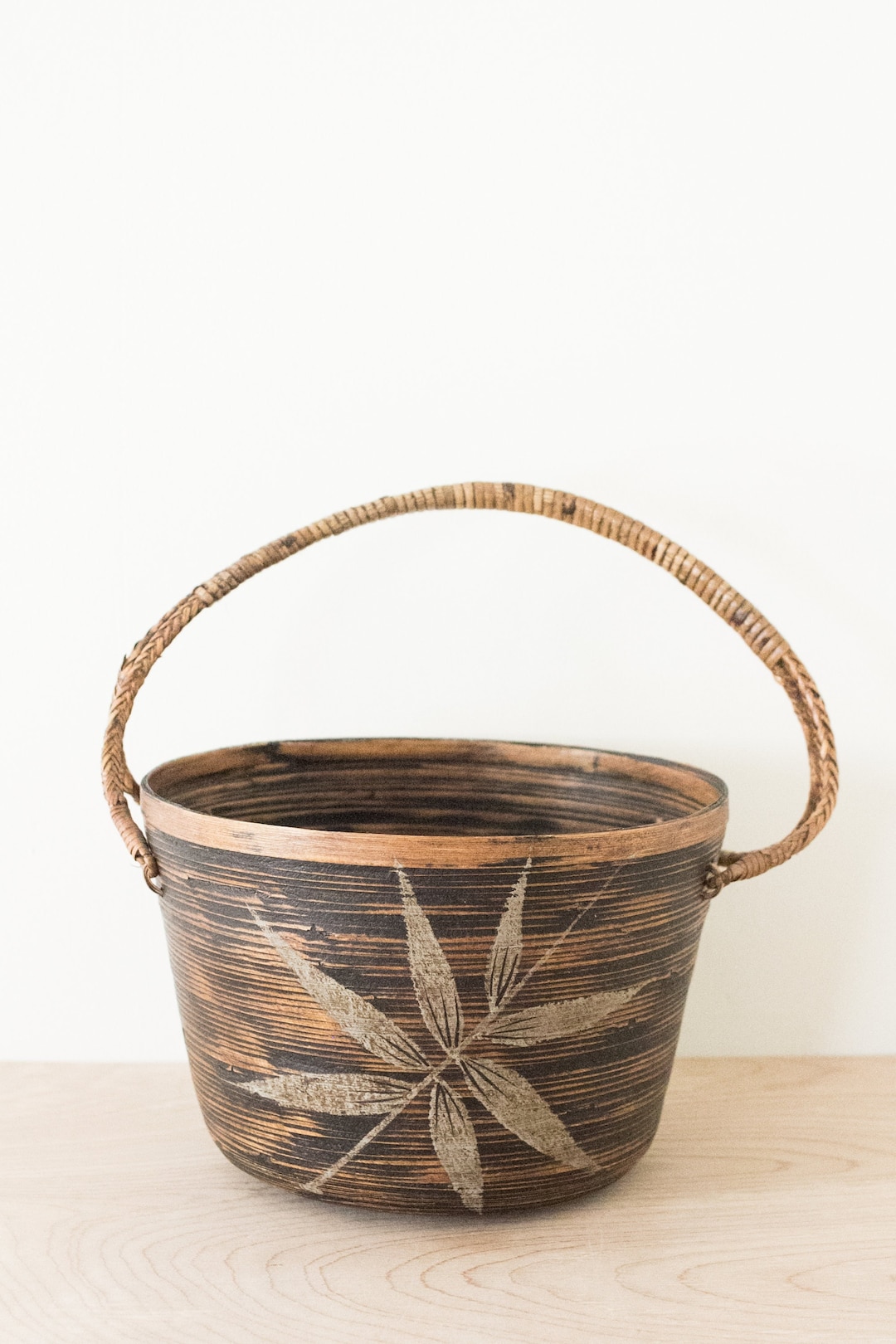 Vintage Wood Basket With Leaf Design and Woven Handle Etsy