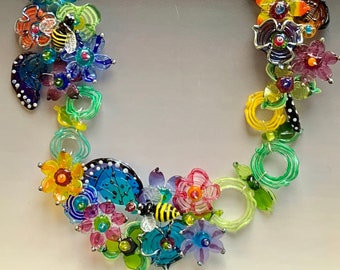 Bee & Butterfly Secret Garden Necklace XL: handmade glass lampwork beads with sterling silver components - Multicolor