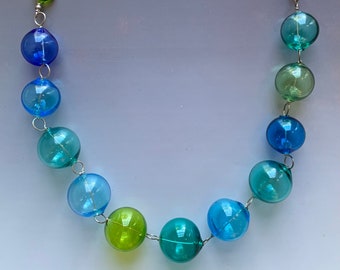 Bubble necklace pearl strand in blues and greens - handmade glass lampwork beads with sterling silver components