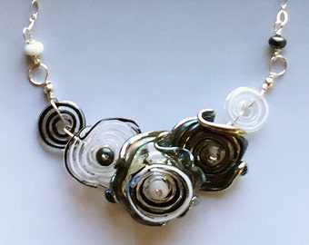 Octopus' Garden Necklace in Black and White: handmade glass lampwork beads with sterling silver components