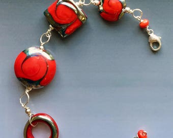 Ginger Bracelet in Red: handmade glass lampwork beads with sterling silver components.