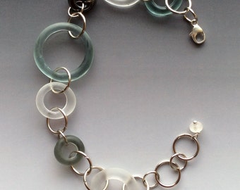Lifesaver Bracelet in Black, White, Gray: handmade glass lampwork beads with stainless steel links