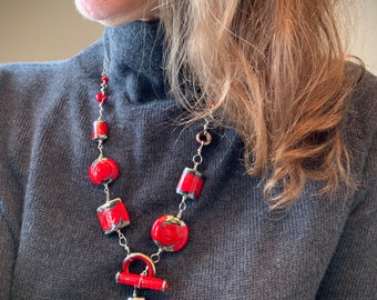 Ginger Toggle Necklace in Red and available in other colors: handmade glass lampwork beads with sterling silver components