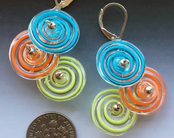 Peppermint Earrings in Turquoise Lime Orange: handmade glass lampwork beads with sterling silver components