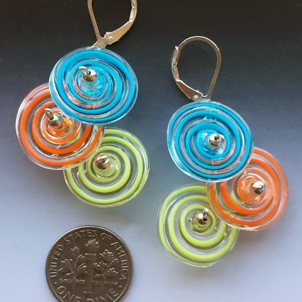 Peppermint Earrings in Turquoise Lime Orange: handmade glass lampwork beads with sterling silver components