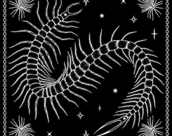 May include: Black square bandana with a white centipede illustration. The design features a detailed centipede, stars, and a chain border. The bandana is a dark, gothic-inspired accessory.