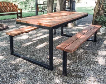 DIY Modern Industrial Picnic Table Plans | 6ft Steel and Wood Outdoor table, DIY plans, Woodworking Plans, Industrial Furniture, Rustic