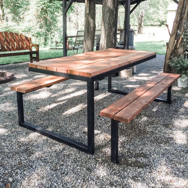 DIY Modern Industrial Picnic Table Plans | 6ft Steel and Wood Outdoor table, DIY plans, Woodworking Plans, Industrial Furniture, Rustic