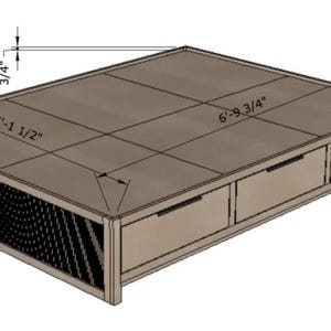 K&ouml;nnte beinhalten: Ein Holzbettgestell mit drei Schubladen und einem Lattenrost. Das Gestell ist 2,07 m lang, 1,56 m breit und 0,36 m hoch.