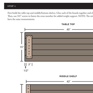 May include: Diagram showing the dimensions for a table top and middle shelf. The table top is 45 inches long and 15 inches wide. The middle shelf is 43 inches long. The diagram shows the placement of screws for attaching the shelves to the table legs.