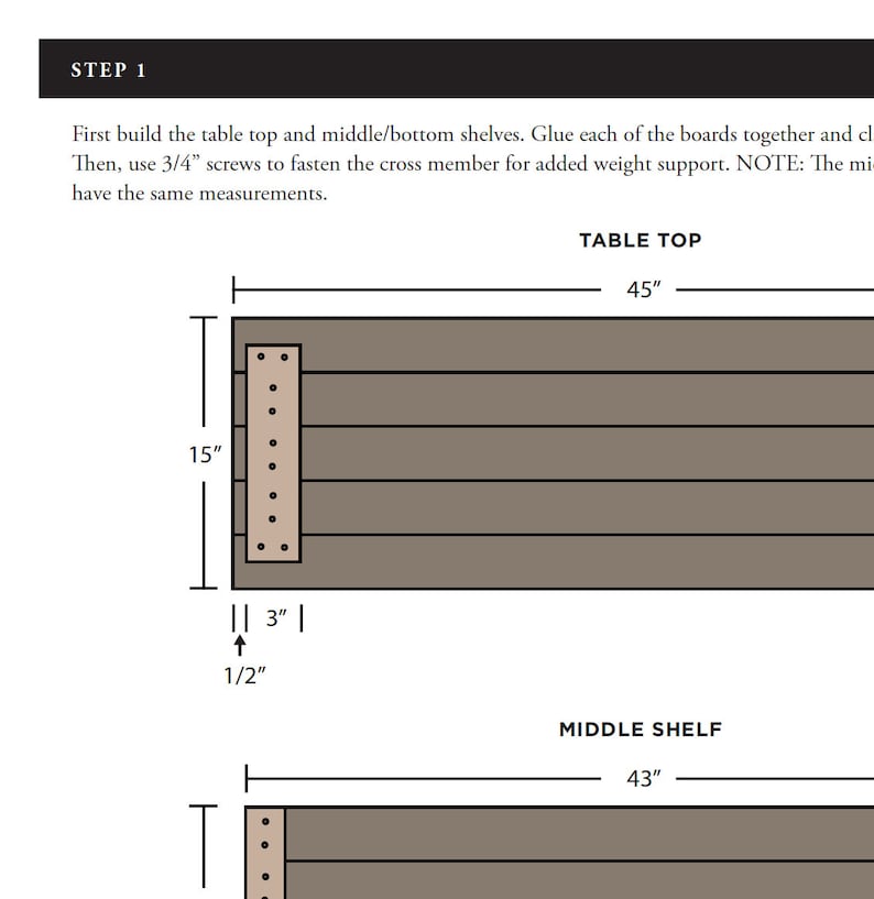 May include: Diagram showing the dimensions for a table top and middle shelf. The table top is 45 inches long and 15 inches wide. The middle shelf is 43 inches long. The diagram shows the placement of screws for attaching the shelves to the table legs.