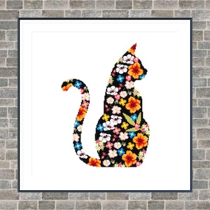 Modern kruissteekpatroon / pdf-diagram direct downloaden / CAT / kat silhouet kruissteekpatroon / bloemen kat silhouet