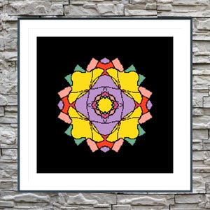 May include: A square framed wall art piece featuring a pixelated, symmetrical mandala design centered on a solid black background. The pattern displays vibrant yellow, lavender, red, peach, and mint green geometric shapes in a floral arrangement.