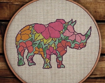 Get 30% off when you buy two or more patterns / Modern Cross Stitch Pattern / PDF Chart Instant Download / Floral Rhino  Silhouette