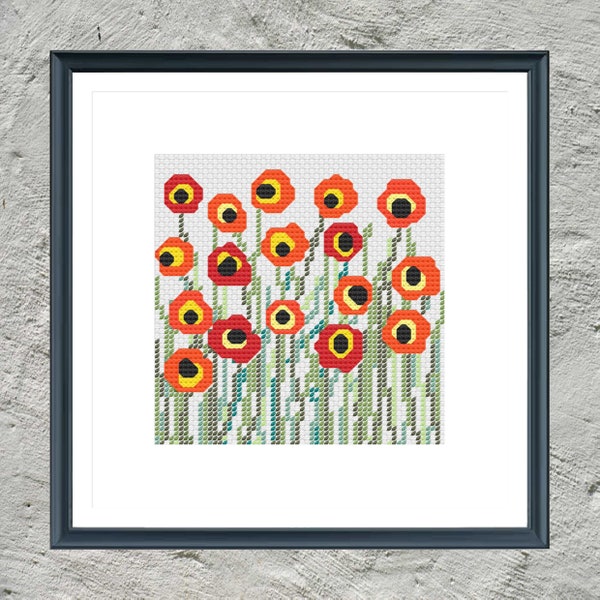 30% off when you buy 2 or more / Mini Cross Stitch Pattern / PDF Chart / Minimalism /  Miniature Landscape / Red Poppies / Small Mini Art