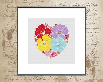 Modern Cross Stitch Pattern / PDF Chart Instant Download / Floral Heart Cross Stitch Pattern