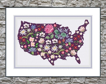 PDF of floral map of USA / Cross Stitch Pattern / Modern Cross Stitch Pattern / Minimalism / Map of United States / USA Cross Stitch Pattern