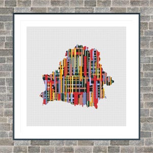May include: A framed artwork depicting the outline of Belarus, filled with a vibrant, abstract design. The design uses a grid of colourful lines in shades of red, yellow, blue, and black, set against a white backdrop.