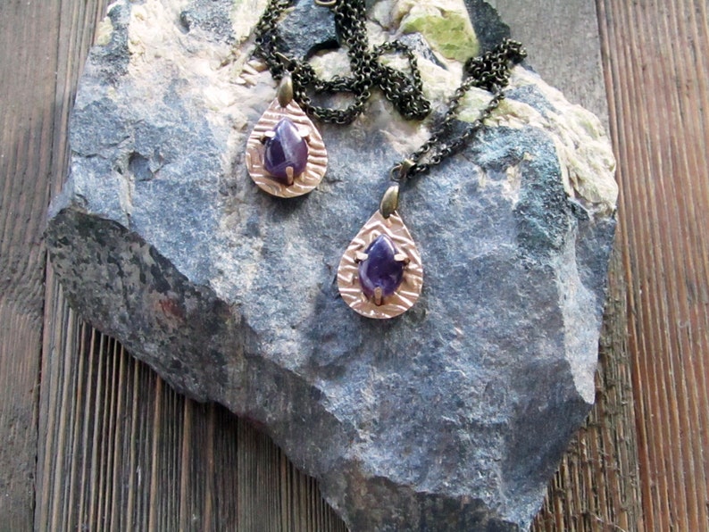 Bronze Metal Clay Pendant Duo Featuring Natural Amethyst Etsy