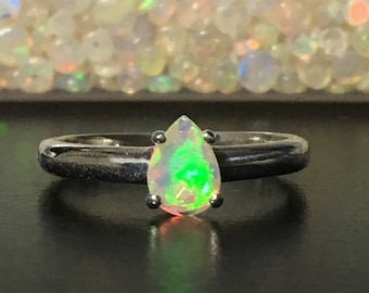 Ethiopian Opal Ring, 7x5mm Pear, Sterling Silver or Gold, October Birthstone
