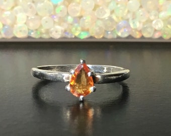 Orange Sapphire Ring, .38 Carats, 6x4mm Pear, Sterling Silver, Size 6
