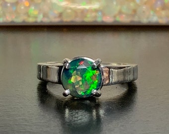 Black Ethiopian Opal Ring, 1.28 Carats, 8mm Round, Sterling Silver, Size 7