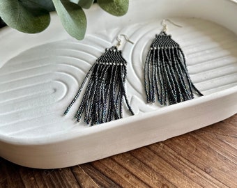 Black and Silver beaded fringe earring