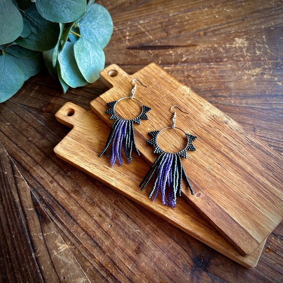 Black and Purple Multi-color Beaded Fringe Hoop Earrings