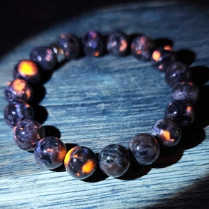 Bracelet Sterling Silver Rondelle & UV Reactive Yooperlite Sodalite Smooth Round Beads 10mm Bangle 6.5" Stretch Stacking Boho Beach Stack
