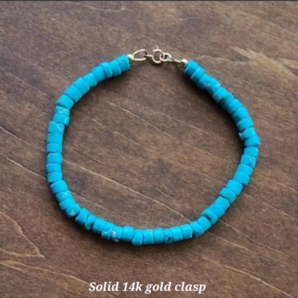 Solid 14k Yellow Gold Sleeping Beauty Turquoise Bracelet Small Spring Clasp Rare Natural Robin's Egg Blue Heishi Beads Handmade 7" Unique