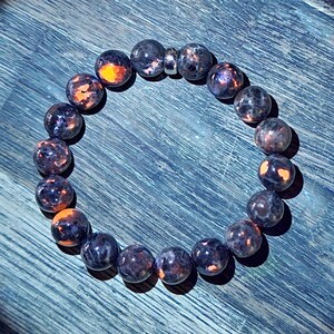 Bracelet Sterling Silver Rondelle & UV Reactive Yooperlite Sodalite Smooth Round Beads 10mm Bangle 6" Stretch Stacking Boho Beach Stack
