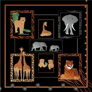 May include: A black background with orange and brown striped frames. Each frame contains a different animal: a tiger, a giraffe, an elephant, a lion, and a baby lion.