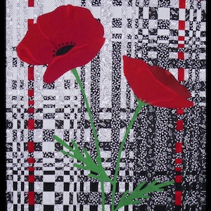 May include: Two red poppies with green stems against a black and white checkered background with musical notes and swirls.