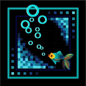 以下が含まれることがあります： 黒色の背景に、青とターコイズ色の魚がオレンジと黄色のアクセントで泳いでいます。魚は青とターコイズ色のピクセル模様に囲まれ、ターコイズ色の泡に囲まれています。