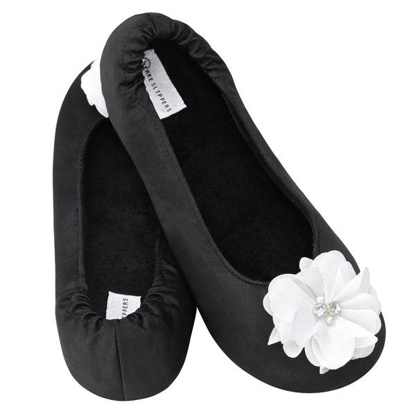 Black wedding slippers for bridesmaids | Satin slipper with flower accent |  Bridesmaid gift | Reception shoes wedding guests | Day of