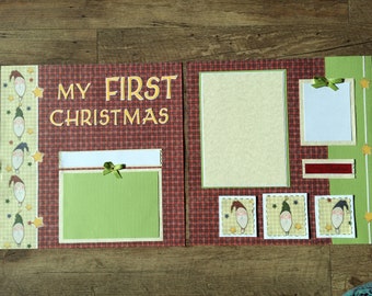 My First Christmas Premade Two-Page Scrapbook Layout Spread, Baby's First Christmas, 2 Pages, Santa, Prim, Handstitching, Rustic (Free Ship)