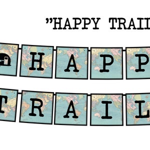 HAPPY TRAILS - Cuadrado (Mapa Vintage) Banner y Decoración de fiesta imprimible - Jubilación, Guardería, Viajes, Banner inspirador