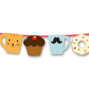 May include: A colorful string of bunting with a red string and various images including a cupcake, a heart, a cat, a cupcake, a mustache, a donut, and a donut.