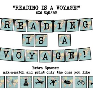 ¡La lectura es un VOYAGE! - Cuadrado (mapa vintage) decoración de bandera de fiesta imprimible - escuela, biblioteca, guardería, viajes, estandarte inspirador