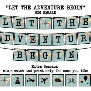 LET THE ADVENTURE BEGIN - Square (Vintage Map) Printable Party Banner and Decoration - Jubilación, Guardería, Viajes, Banner Inspirador