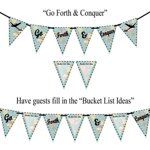 Op de afbeelding: Een blauwe en witte banner met een reisthema met de woorden "Go Forth & Conquer" en lege ruimtes voor "Bucket List Ideas".