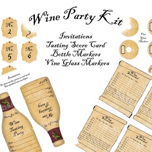 Wijn partij Kit - afdrukbare uitnodigingen feest, wijnglas Markers, wijn scorekaarten en fles Marks - stijl van de oude wereld